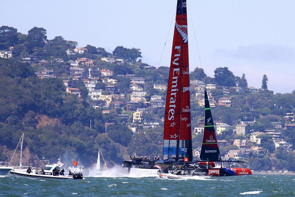 Oracle Team USA v Emirates Team New Zealand. America’s Cup Day 5 San Francisco. Emirates Team NZ enters the start box Race 9 © Richard Gladwell www.photosport.co.nz